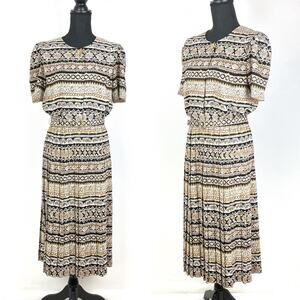 Vintage 80s Dress Pleated Skirt Short Sleeve Round Collar 12P Black Gold